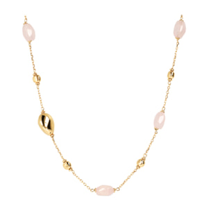 Collana Catena Rolo con Bead in Argento 925 placcato Oro 18kt e Pietra Naturale Sfaccettata Quarzo Rosa