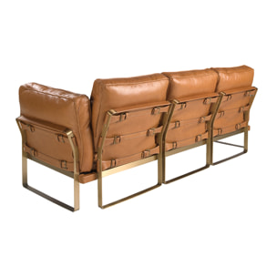 Sofá Angel Cerdá de 3 plazas tapizado en piel de origen vacuno en camel patas de acero inoxidable en dorado 222x90x84cm