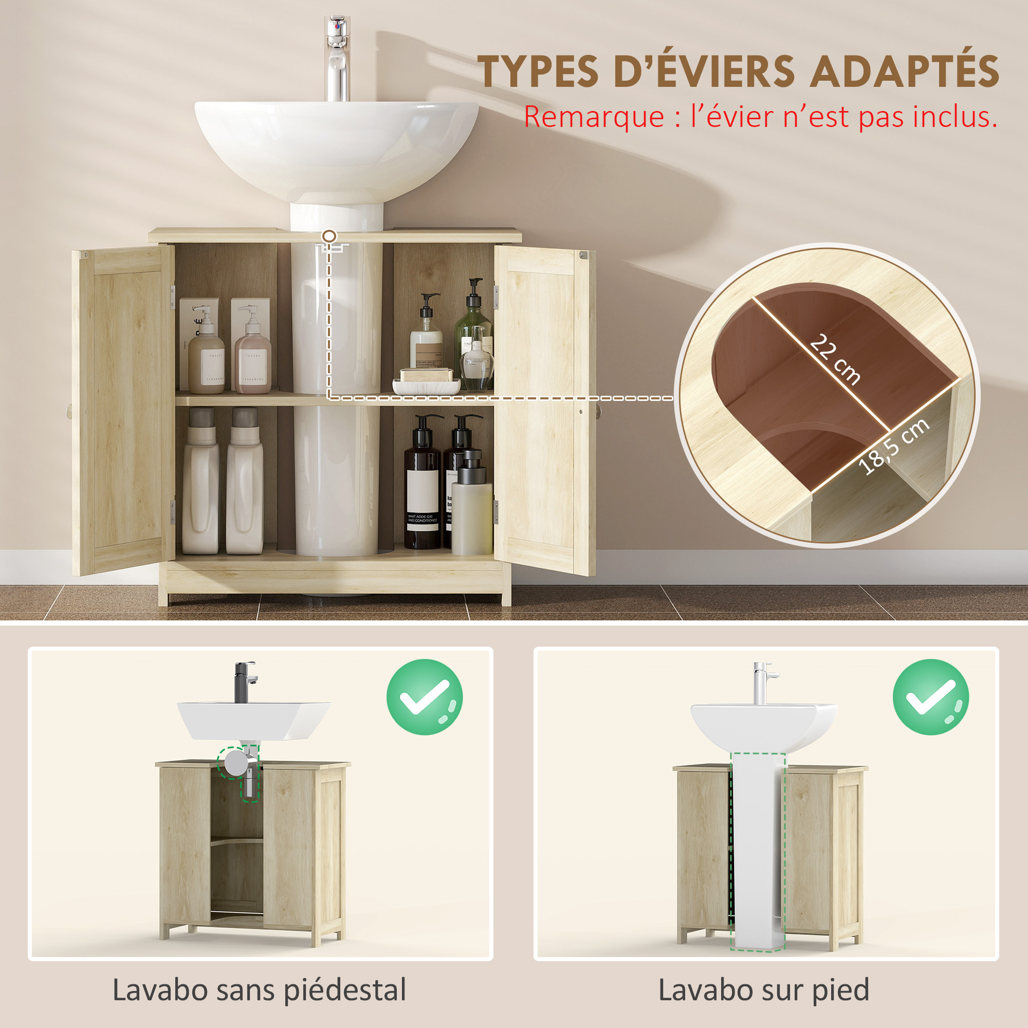 Meuble vasque - meuble sous-vasque - 2 portes rainurées avec étagère réglable - poignées métal chromé - dim. 60L x 30l x 60H cm - naturel