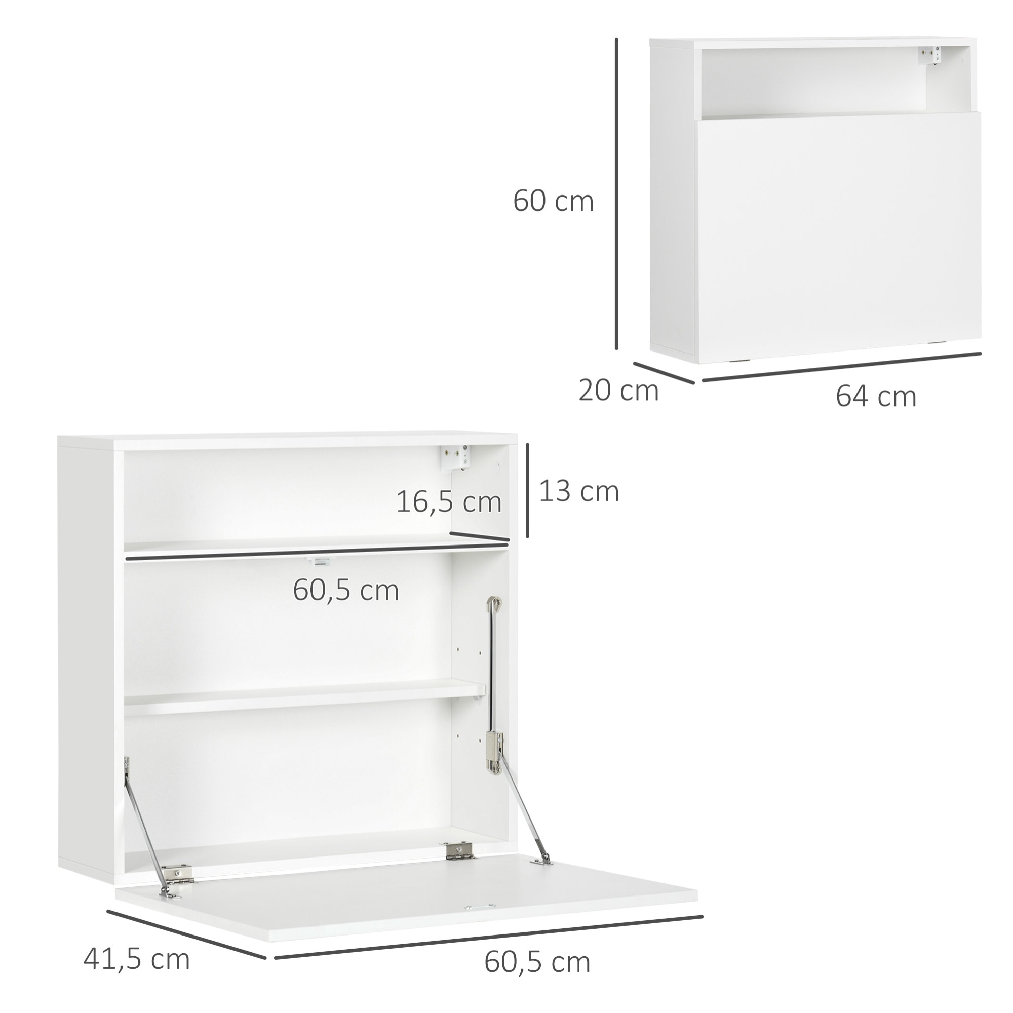 Bureau mural pliable - table murale rabattable - niche, 2 étagères - panneaux particules blanc