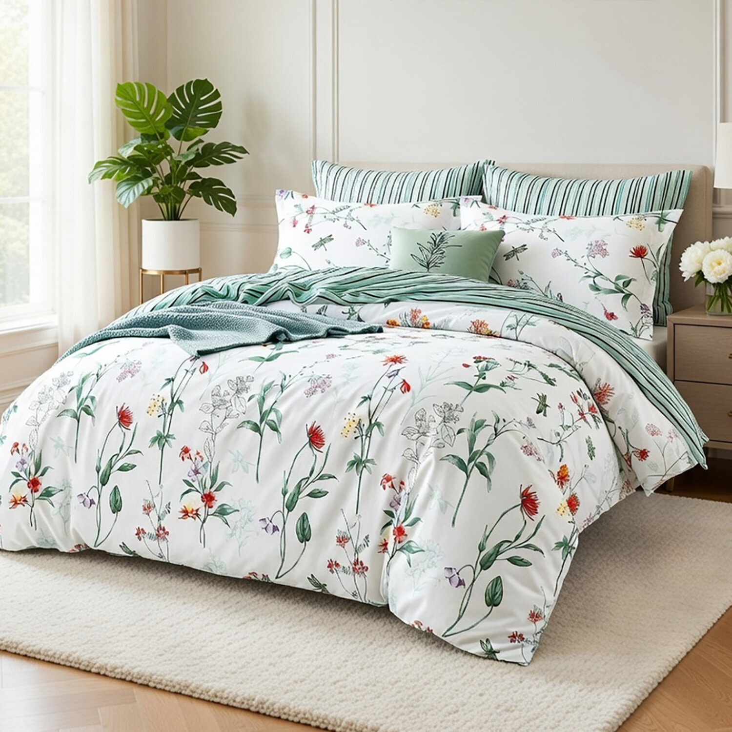 Parure housse de couette 100% percale de coton motif floral - vert