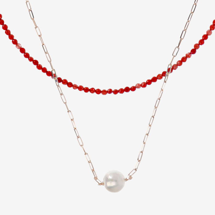 PERLAVIVA - Doppia Collana con Quarzite Rossa e Perla Ming Bianca Ø 11 mm in Argento 925 placcato Oro Rosa 18Kt