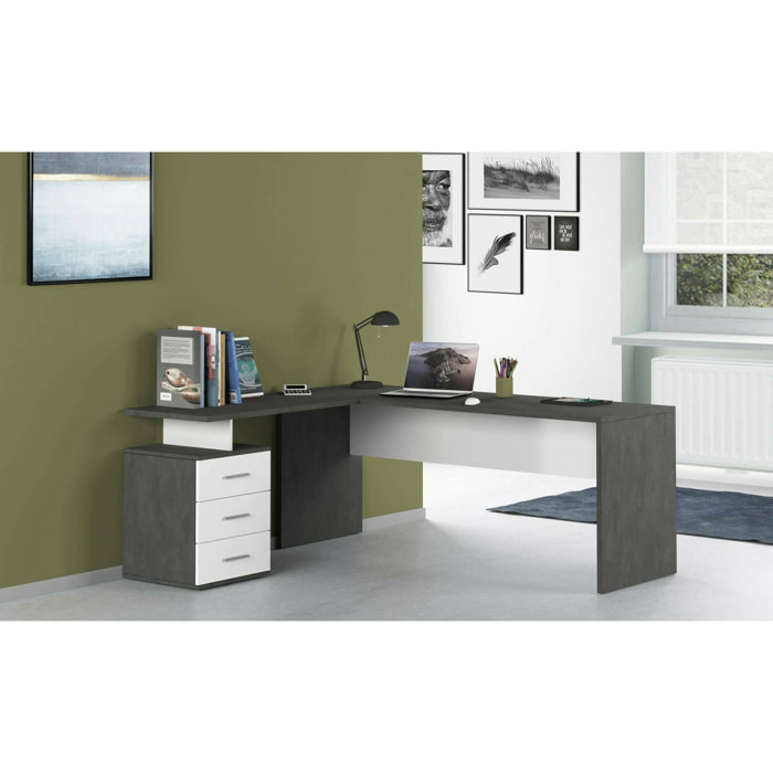 Scrivania Ascuby, Scrittoio angolare porta PC, Tavolo multiuso per ufficio, Scrivania salvaspazio multiposizione, 100% Made in Italy, cm 180x60h75, Ardesia e Bianco lucido