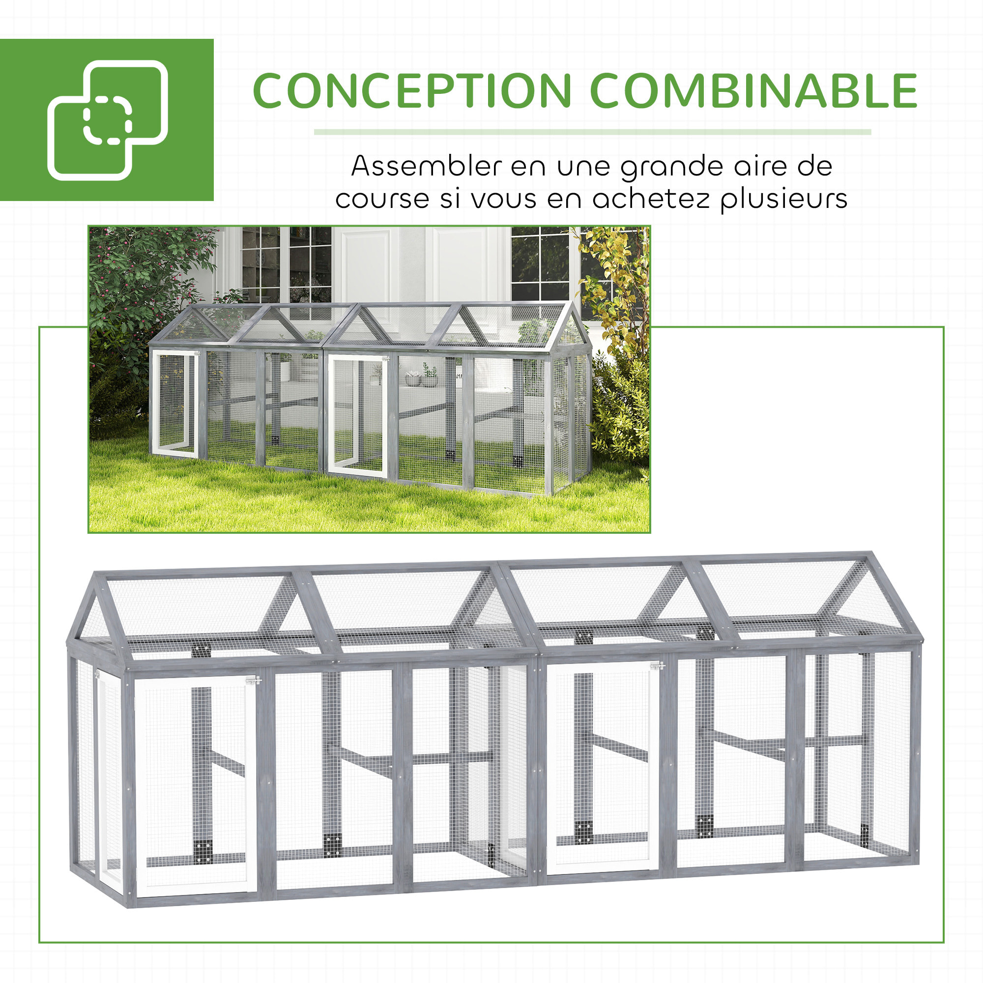 Enclos poulailler chenil 1,23 m² - parc grillagé 140 x 88,5 x 106 cm - 2 portes verrouillables - bois gris