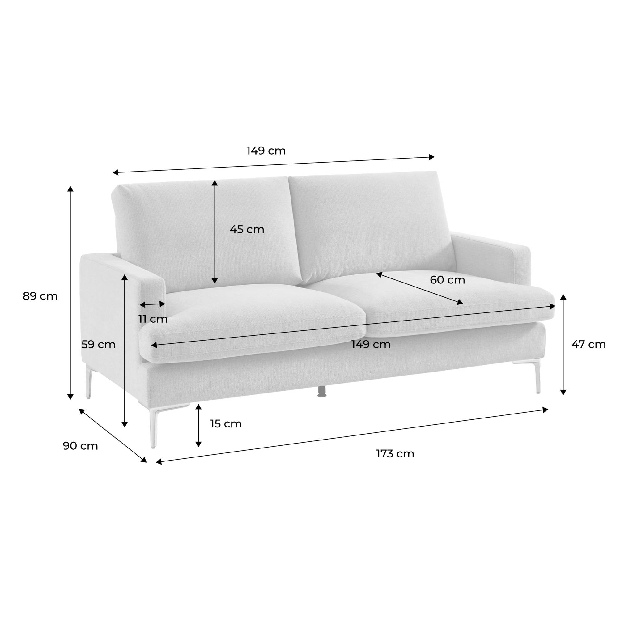 Canapé 3 places en tissu blanc cassé L 173 x P 90 x H 89cm - Hans