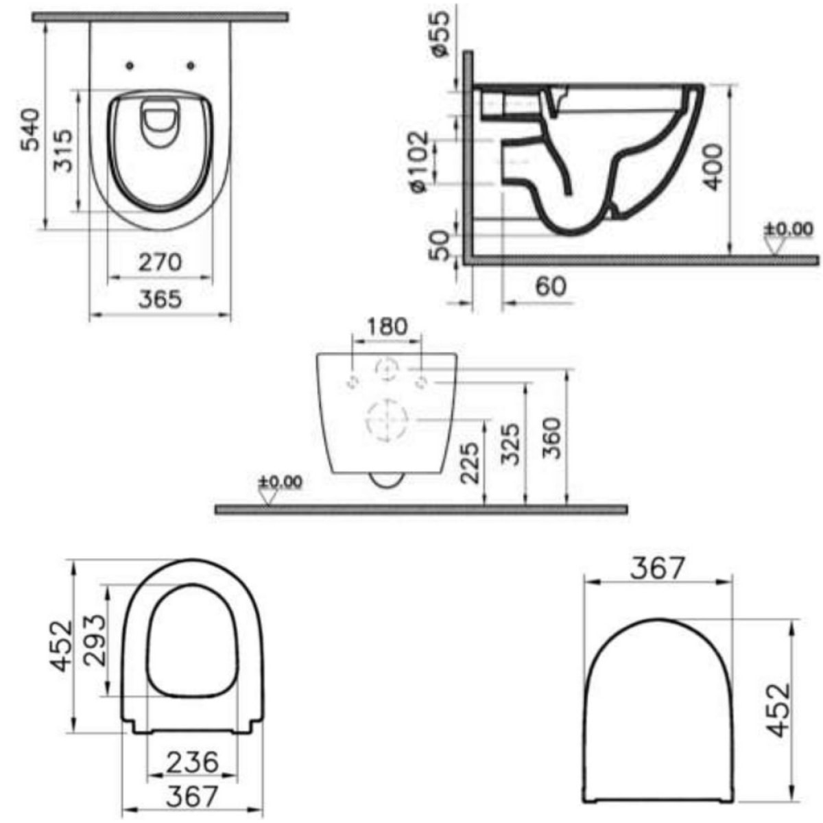 Pack WC Bâti support en verre trempé/aluminium brossé avec plaque intégrée, Noir + WC sans bride Sento + Abattant softclose