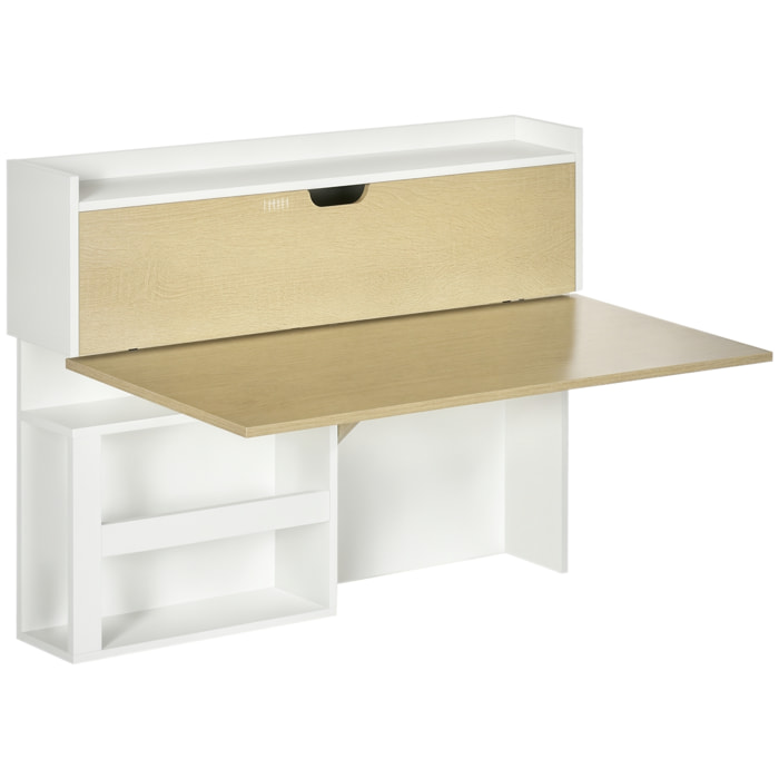 Bureau pliable mural avec étagères de rangement et placard, bureau rabattable, effet bois naturel