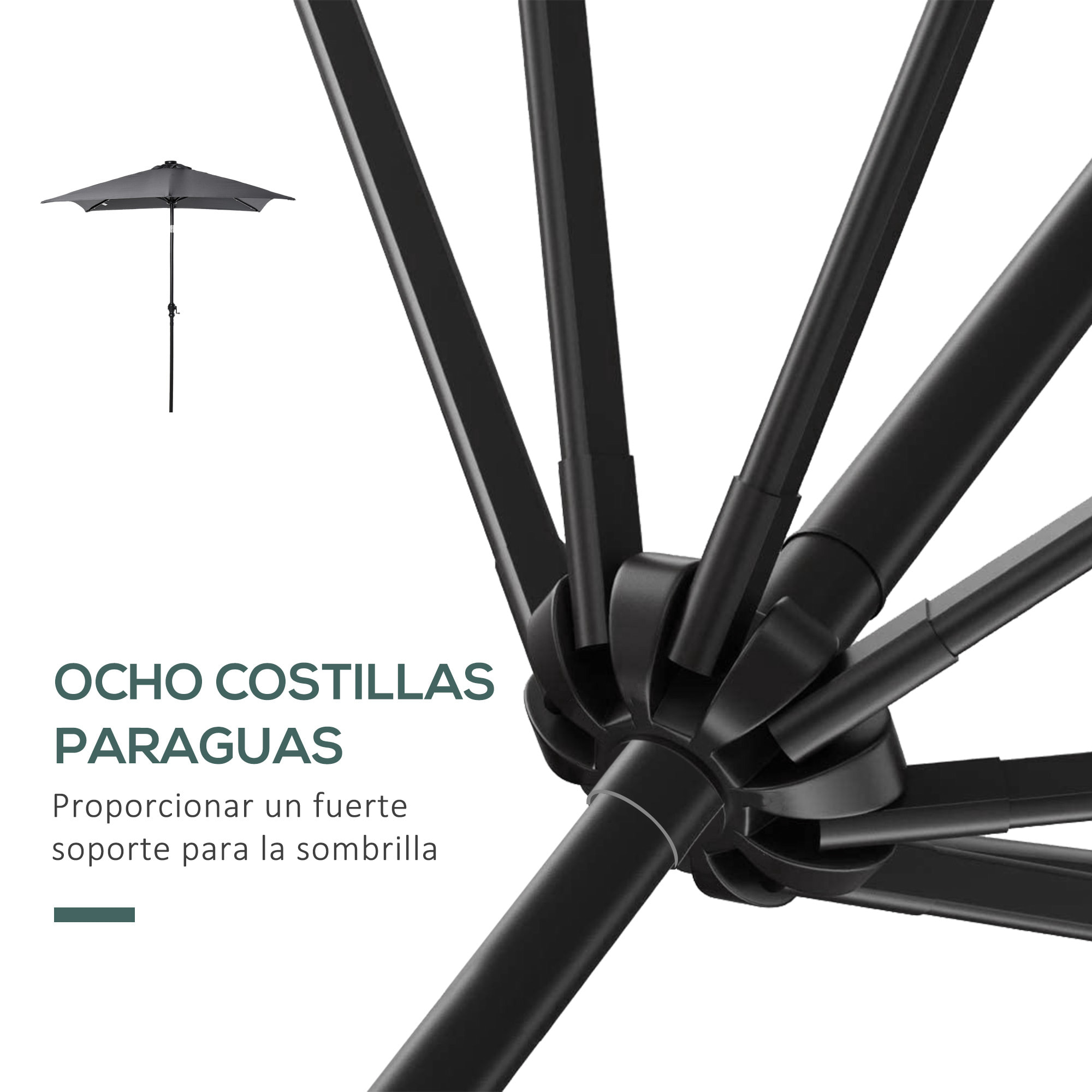Sombrilla de Jardín 268x205x248 cm Parasol de Terraza con Techo Inclinable hasta 45° Luces LED Solares Anti-UV e Impermeable para Patio Balcón Gris Oscuro