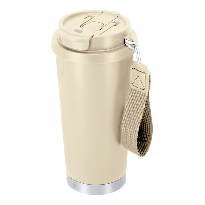 Vaso térmico con 500 ml de capacidad en Acero Inoxidable Reciclado. Cuenta con doble sistema de bebida, orificio con cierre hermético y pajita integrada. Libre de BPA.