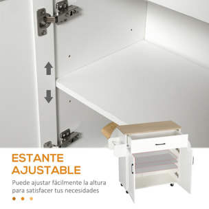 HOMCOM Carro de Cocina con 1 Cajón 2 Puertas Toallero y Especiero Carrito Auxiliar con Ruedas para Comedor Salón Bar Carga 80 kg 105x36x85 cm Blanco