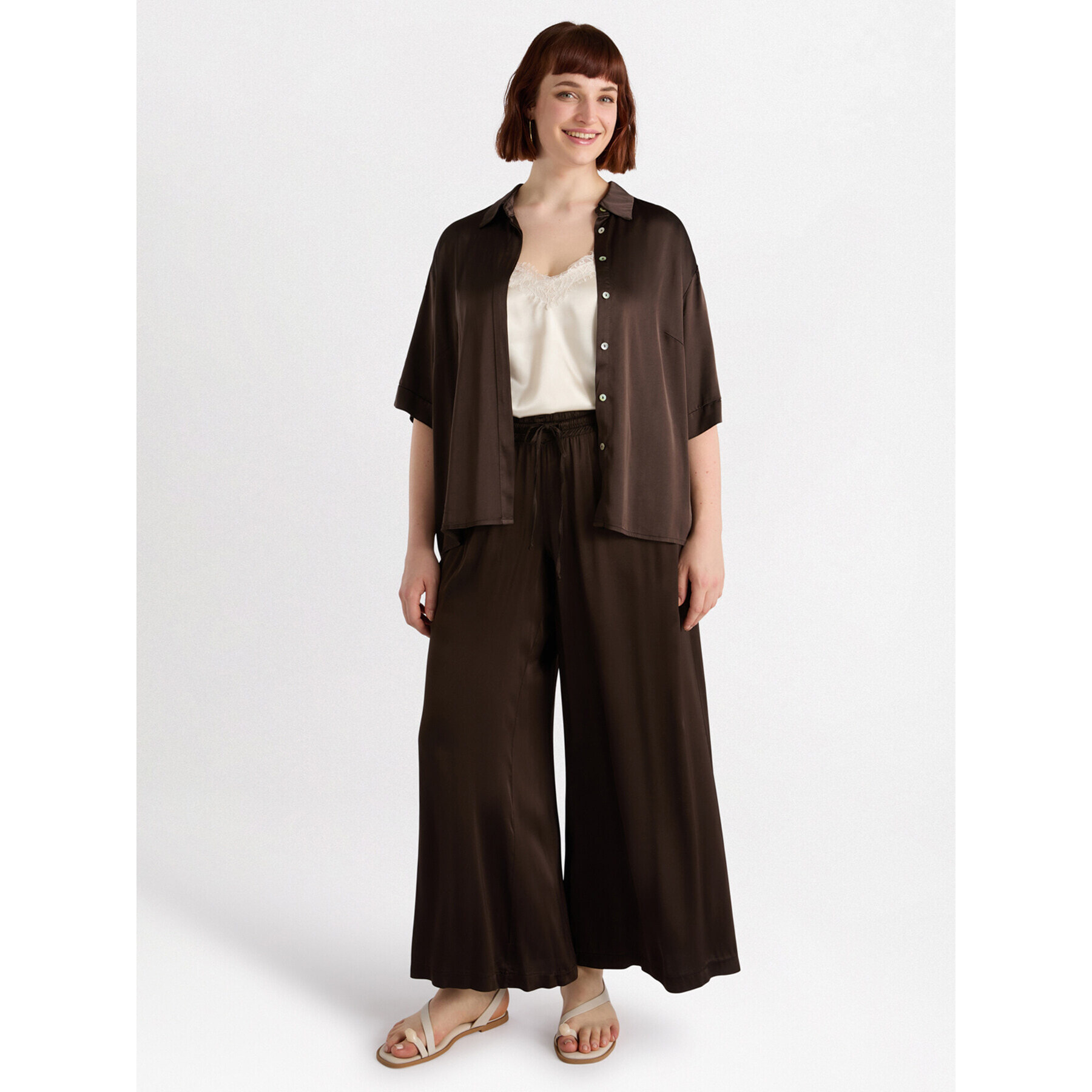 Fiorella Rubino - Pantalón palazzo de raso - Marrón
