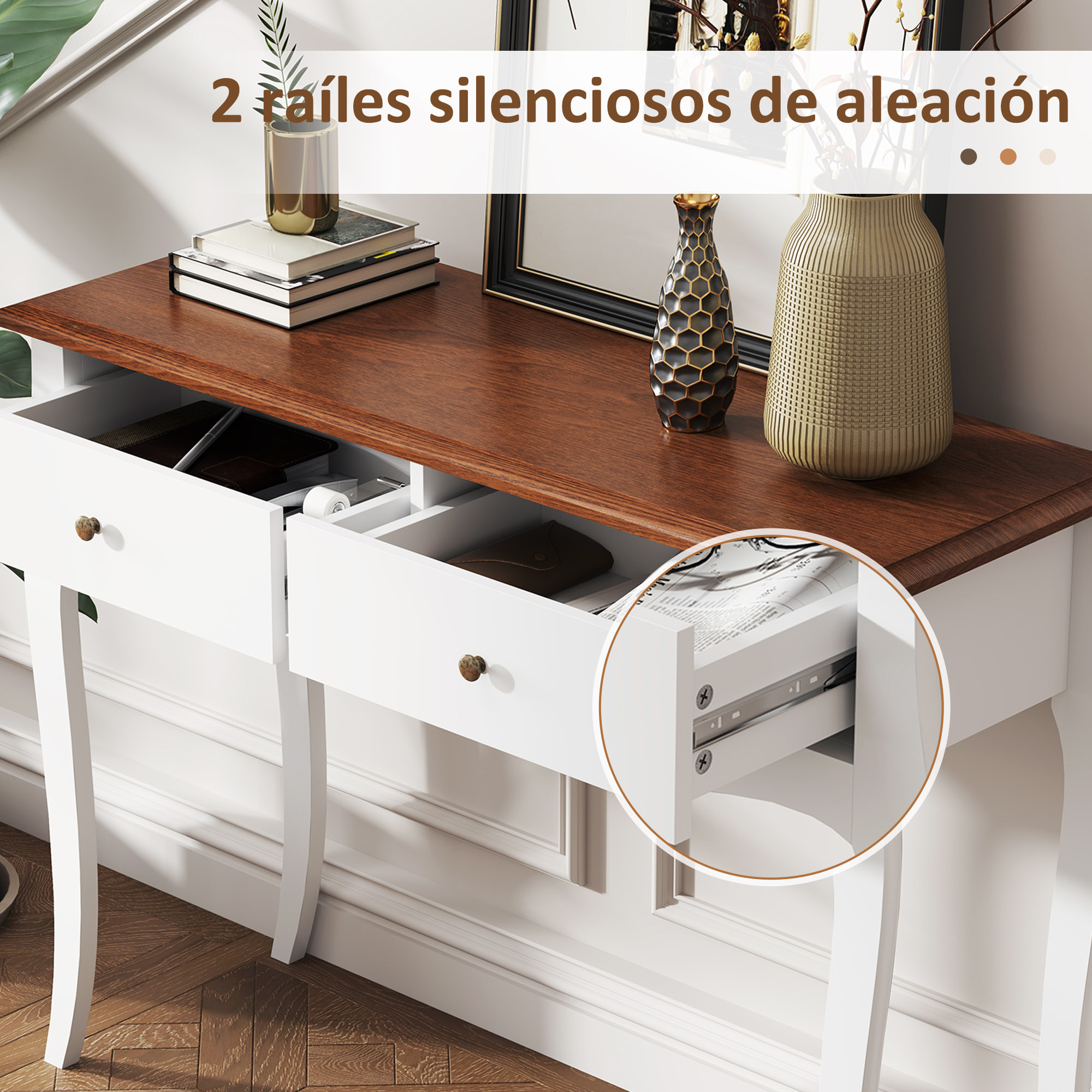 Mesa de Consola Mesa de Entrada con 2 Cajones Consola para Recibidor Estilo Francés para Pasillo Dormitorio Salón 100x35x76,5 cm Blanco y Marrón Oscuro