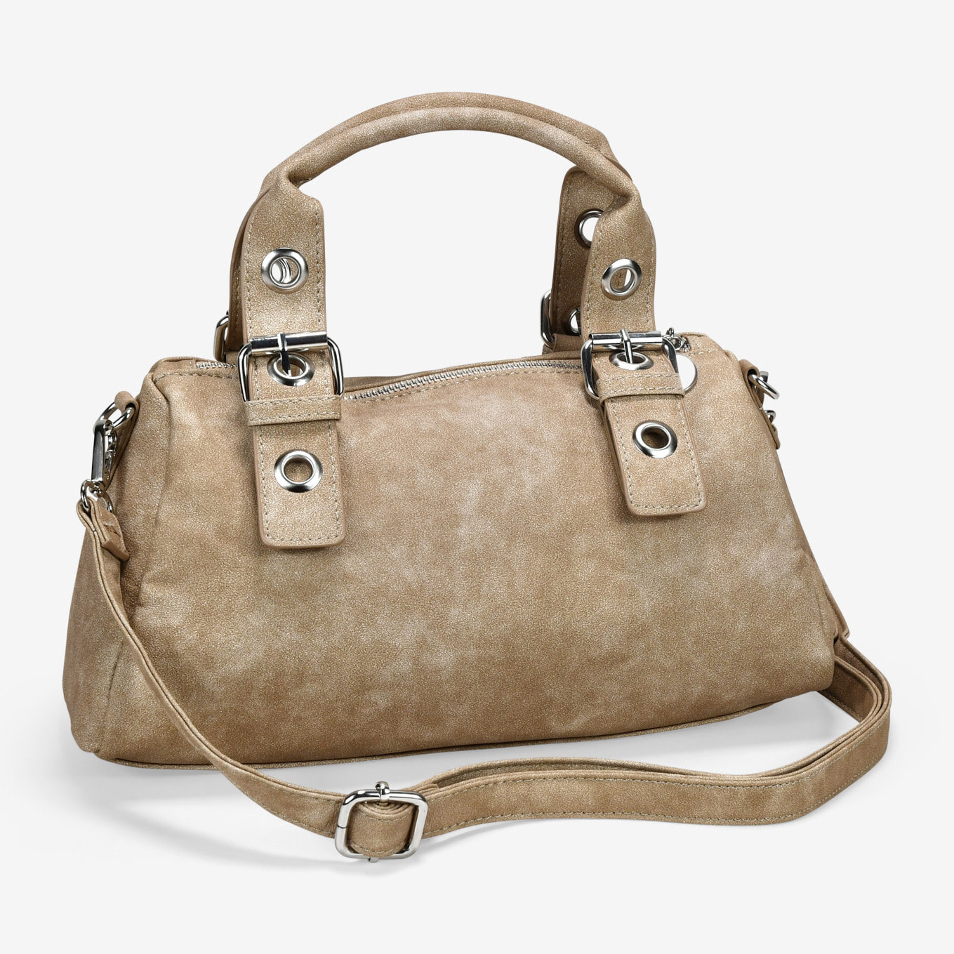 Bolso de mano arena con hebillas y tachuelas redondas