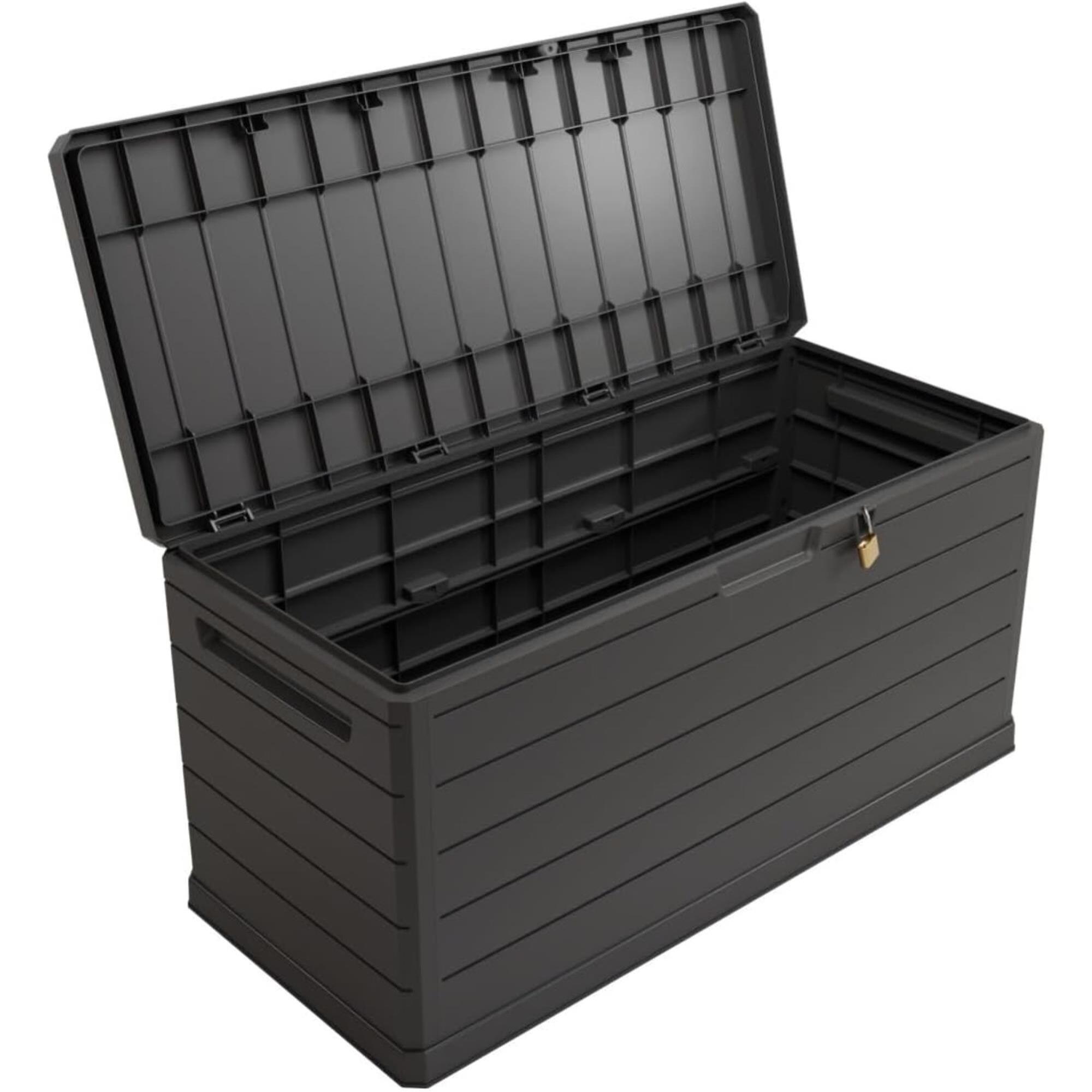 Baúl para exterior de 350L con cerradura, en color Gris oscuro y resistente al agua - 118,5x52x56,8cm