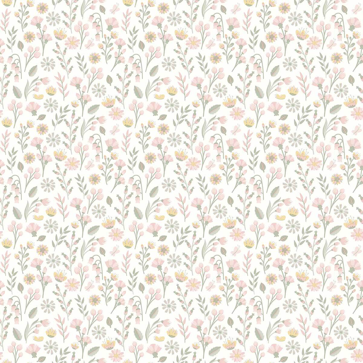 Papier peint fleuri prairie pastel fond blanc