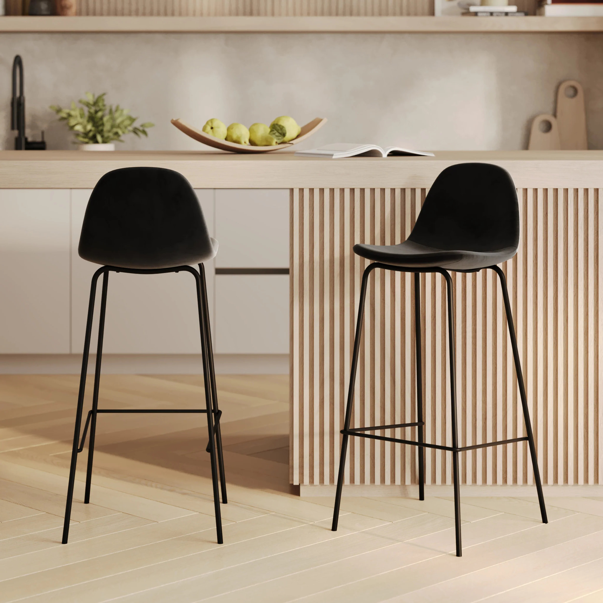 Lot de 2 chaises de bar en velours noir 75 cm - Henrik