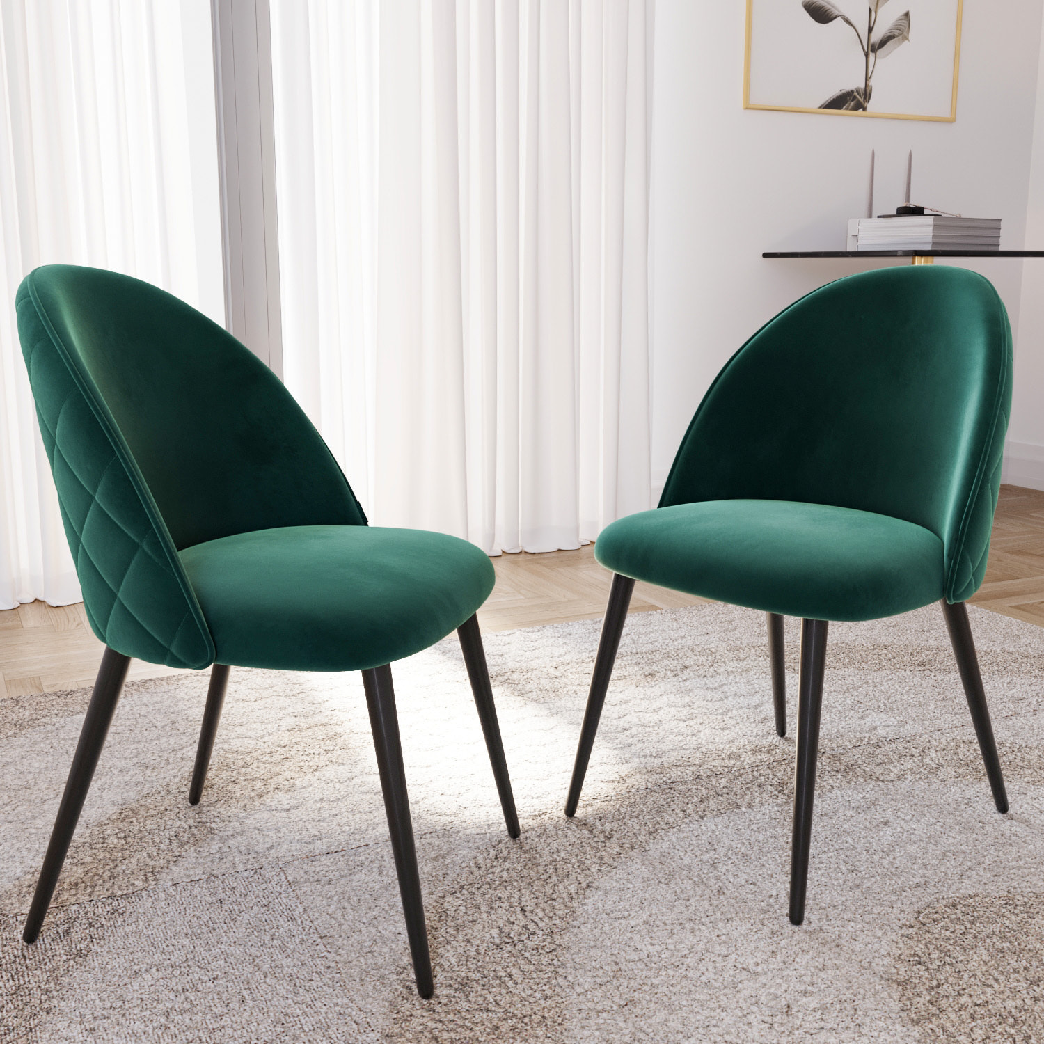 Set di 4 Sedie Imbottite Da Pranzo In Velluto Sedia Gambe In Metallo Nero Schienale Soggiorno Salotto Camera 43 x 47.5 x 80 Cm (Verde Scuro)