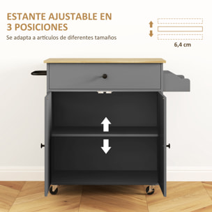 Isla de Cocina con Ala Abatible Carrito de Cocina Mueble Auxiliar de Cocina con Ruedas 2 Puertas Cajón Especiero Toallero y Estante Ajustable 106x42x87 cm Gris y Roble