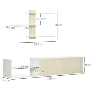 HOMCOM Mueble de Salón para TV Conjunto Mueble de TV con Mesa para Televisor 150x31,5x40 cm y Estante de Pared 95,5x16x60 cm Estilo Moderno Natural