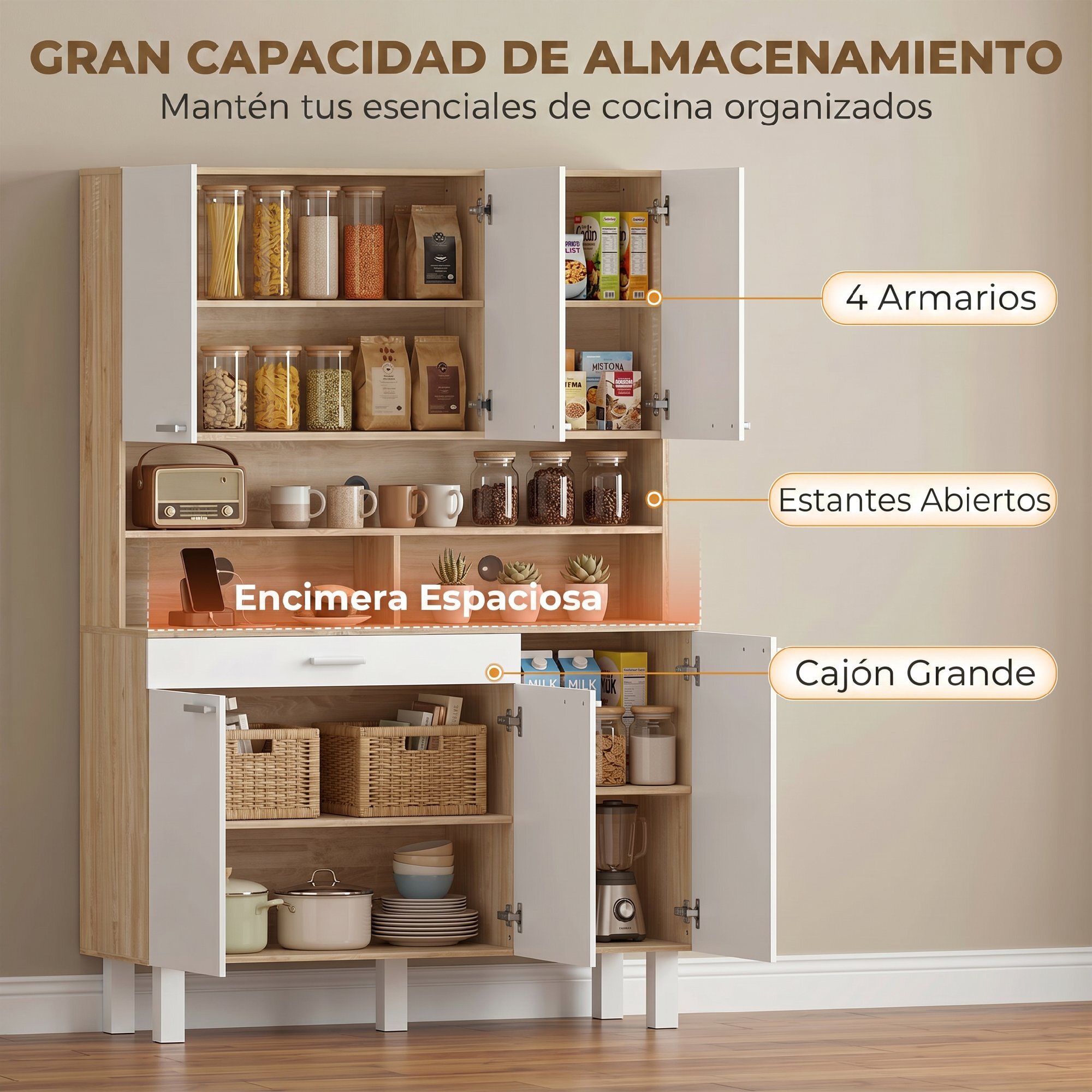 Alacena de Cocina Alta, Mueble Auxiliar de Cocina con 6 Puertas y Gran Cajón, Estantes, Encimera Amplia para Microondas, para Comedor, Salón, 120x40x175 cm, Blanco y Natural