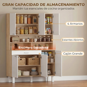 Alacena de Cocina Alta, Mueble Auxiliar de Cocina con 6 Puertas y Gran Cajón, Estantes, Encimera Amplia para Microondas, para Comedor, Salón, 120x40x175 cm, Blanco y Natural