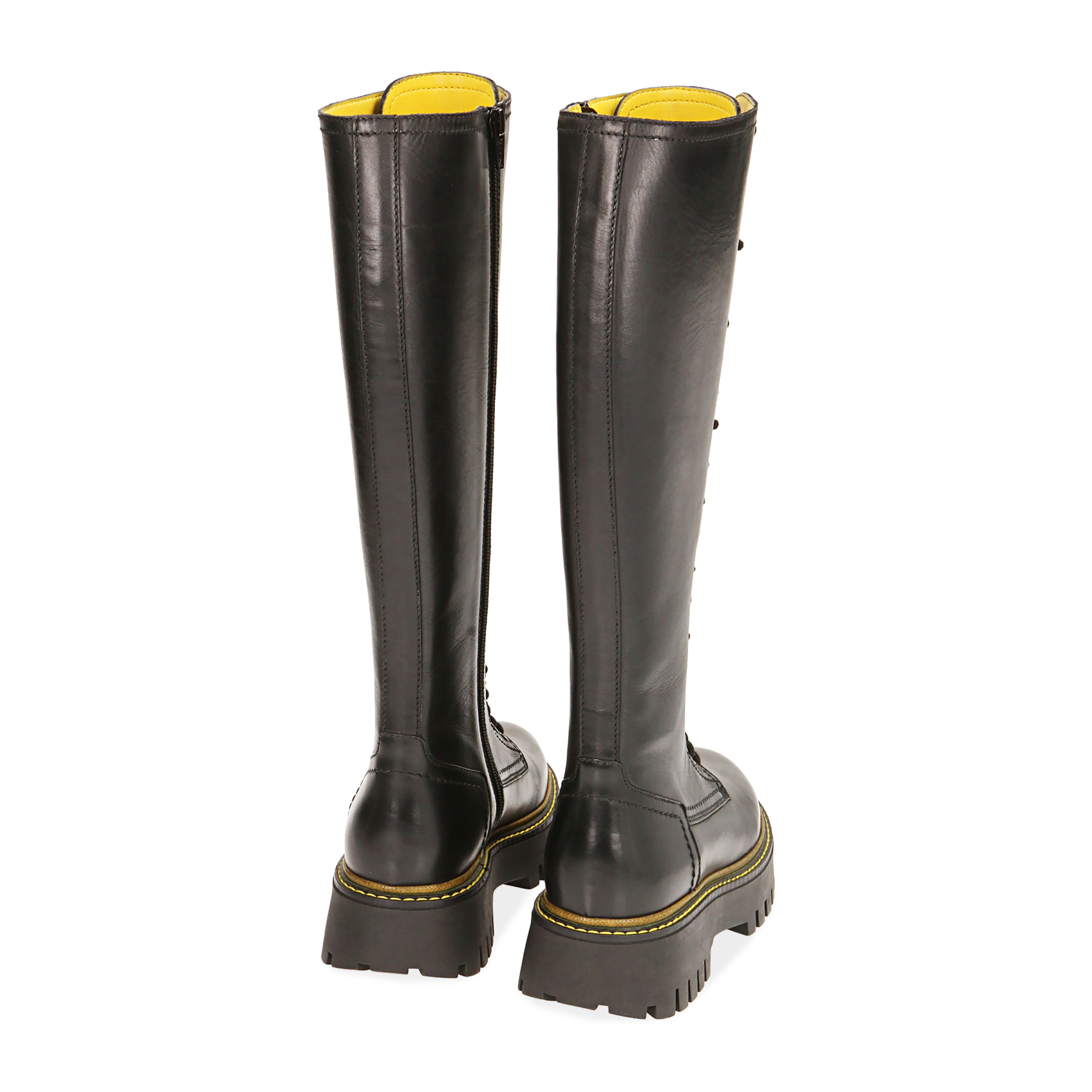 Botas militares de piel negra/amarilla, tacón de 4,5 cm.