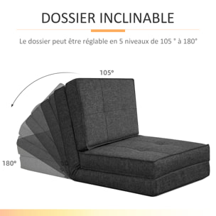 Chauffeuse - matelas d'appoint pliant - fauteuil convertible - inclinaison dossier réglable 5 positions - tissu polyester aspect lin gris