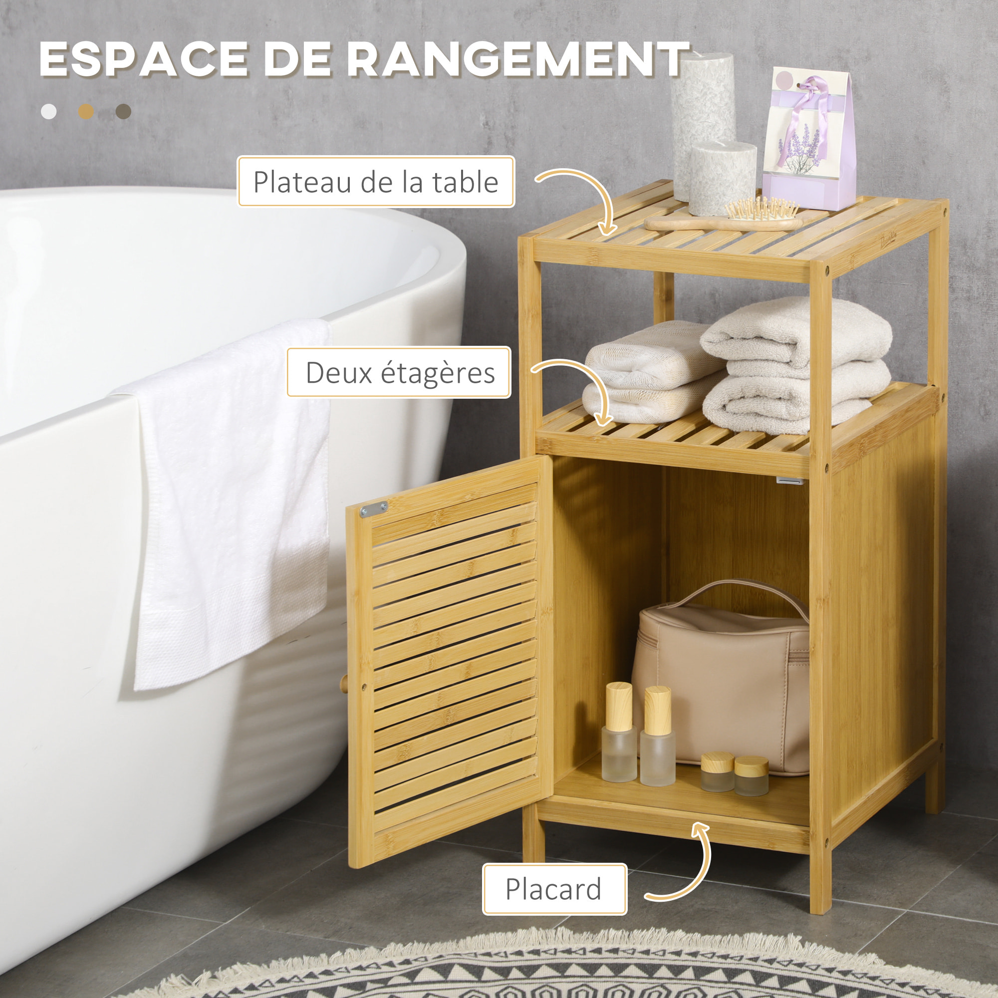 Meuble bas salle de bain rangement salle de bain 1 porte 2 étagères bois bambou verni