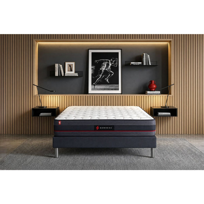 Ensemble - Matelas Mémoire de forme 24cm d'épaisseur - 5 zones de confort - Confort ferme - Sommier tapissier monobloc - 2 places