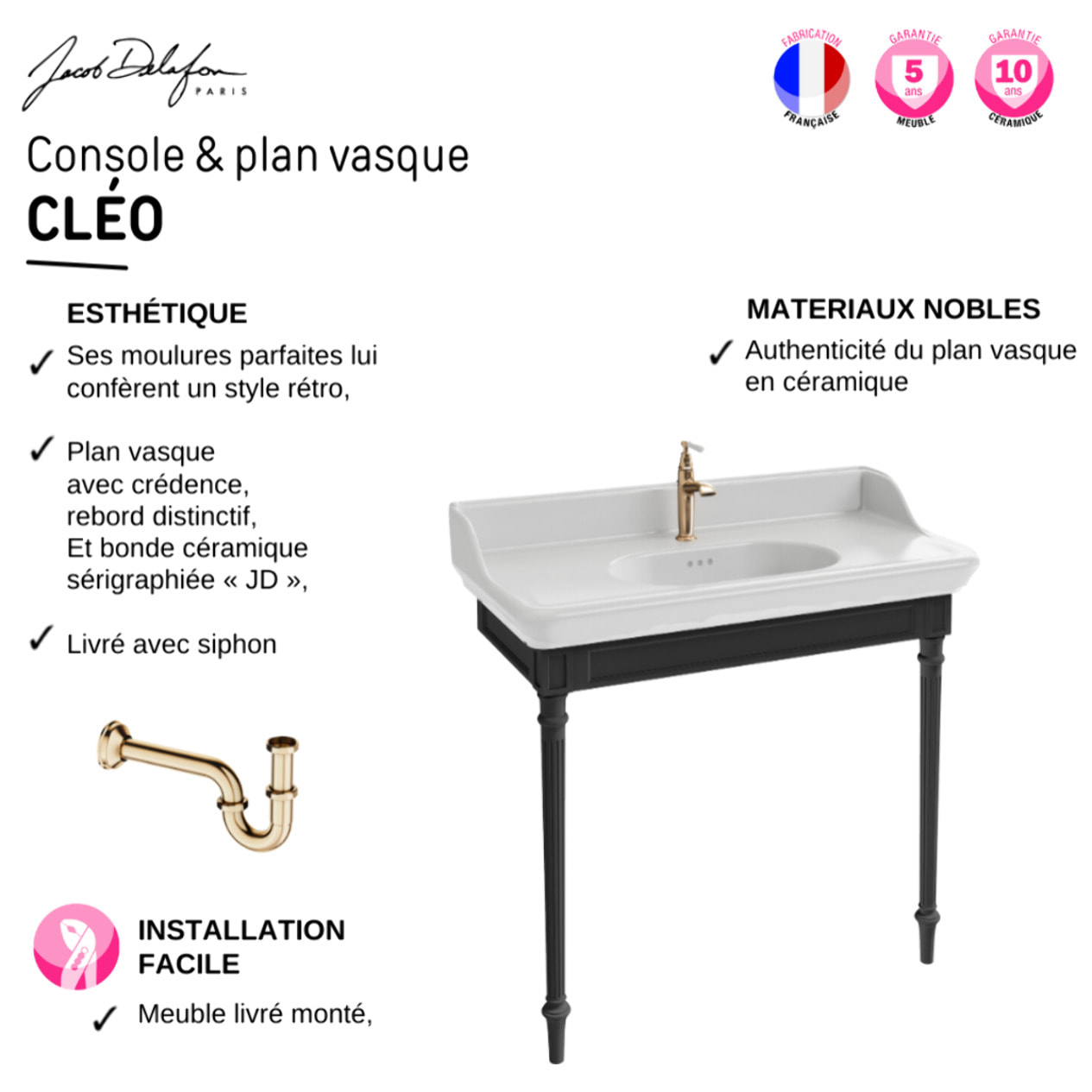 Console Cléo 1889 avec plan vasque + colonne droite + miroir + robinet lavabo or + siphon or