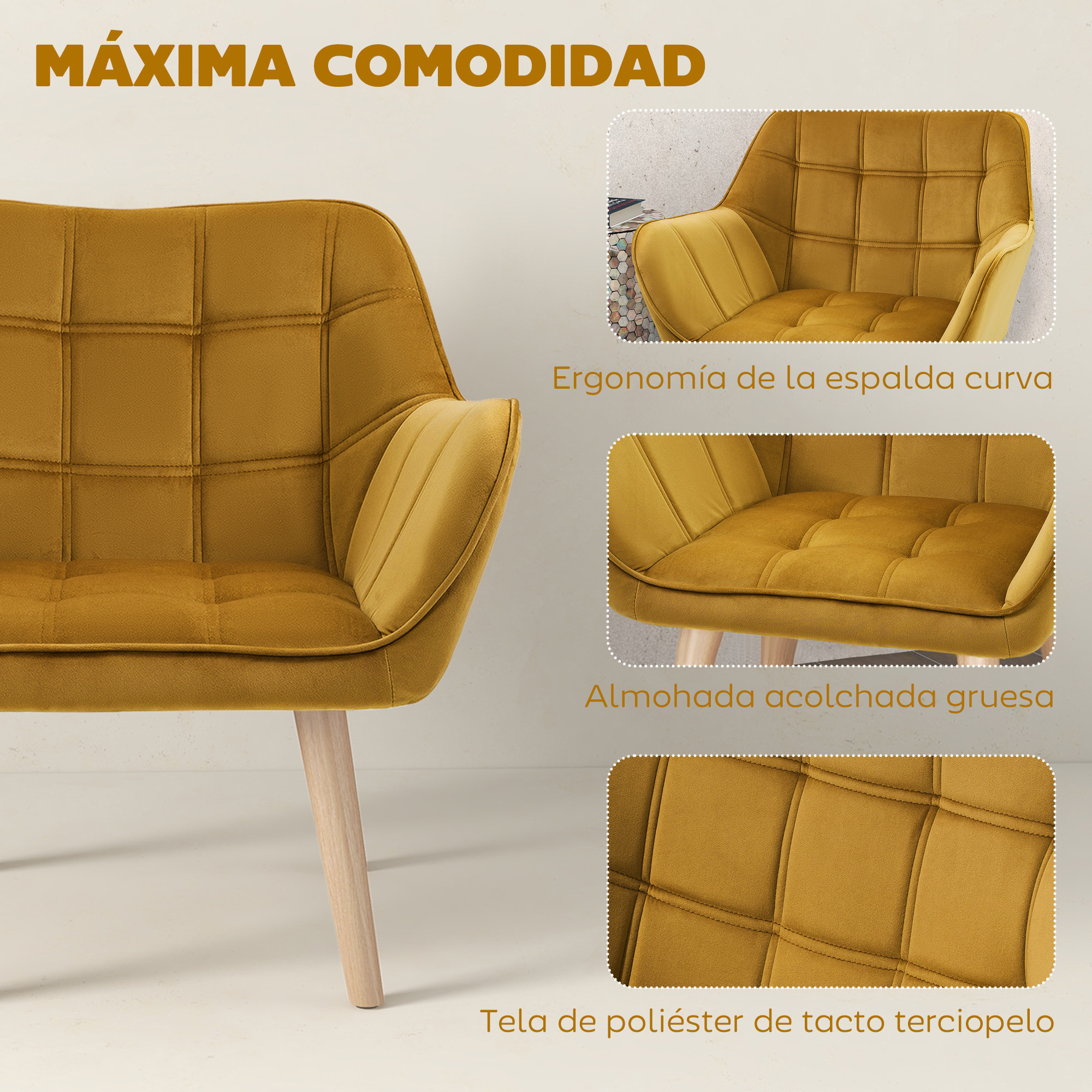 Butaca de Salón Moderna, Sillón Lectura Tapizado en Terciopelo con Asiento Ancho, Patas de Madera, Fácil Montaje, Sillón Relax para Sala de Estar, Dormitorio y Balcón, Amarillo Mostaza