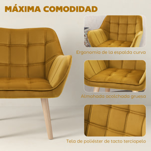 Butaca de Salón Moderna, Sillón Lectura Tapizado en Terciopelo con Asiento Ancho, Patas de Madera, Fácil Montaje, Sillón Relax para Sala de Estar, Dormitorio y Balcón, Amarillo Mostaza