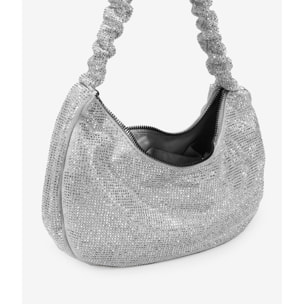 Bolso de hombro plateado con brillantes y asa con pliegues