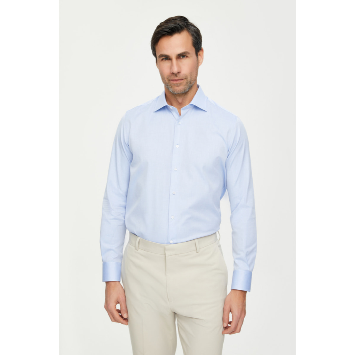 Camicia Uomo 1 Bottone Francese Slim Cotone Unito Blu
