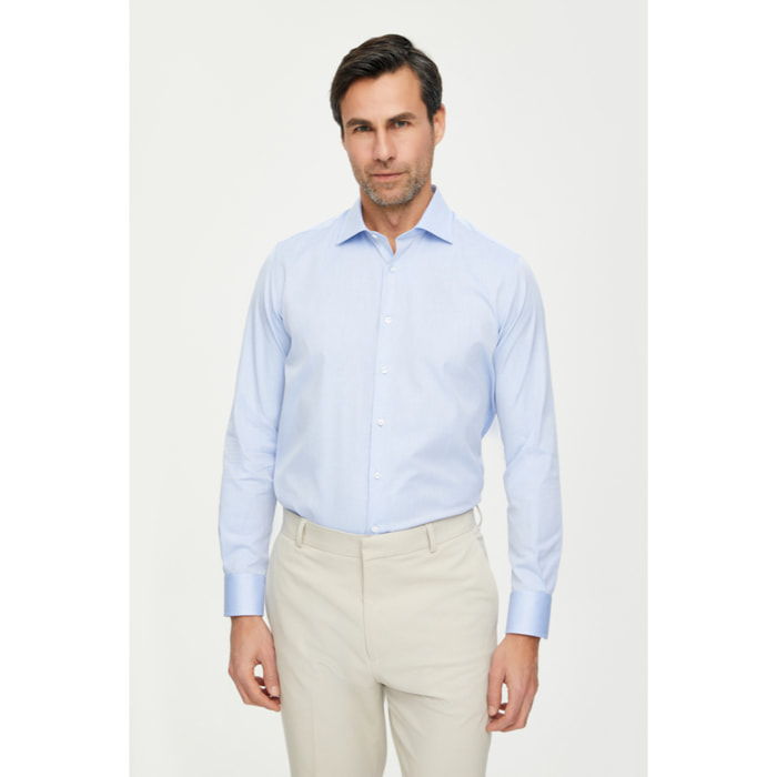 Camicia Uomo 1 Bottone Francese Slim Cotone Unito Blu