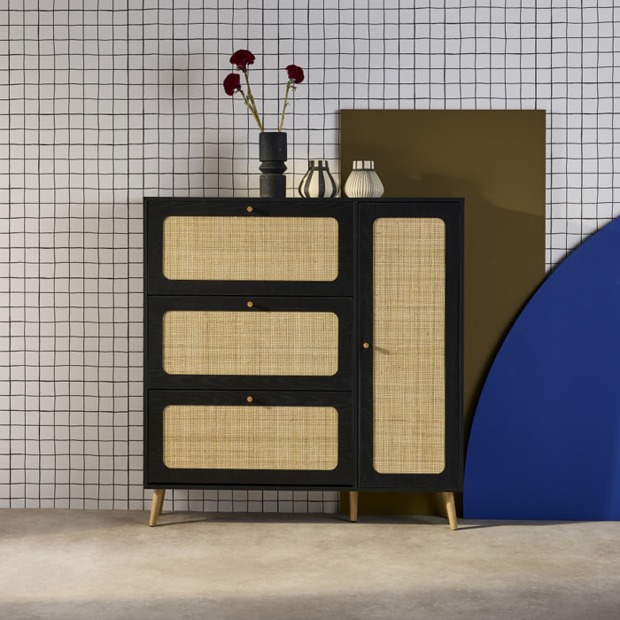 Meuble à chaussures décor bois et cannage 3 abattants 1 porte BOHÈME