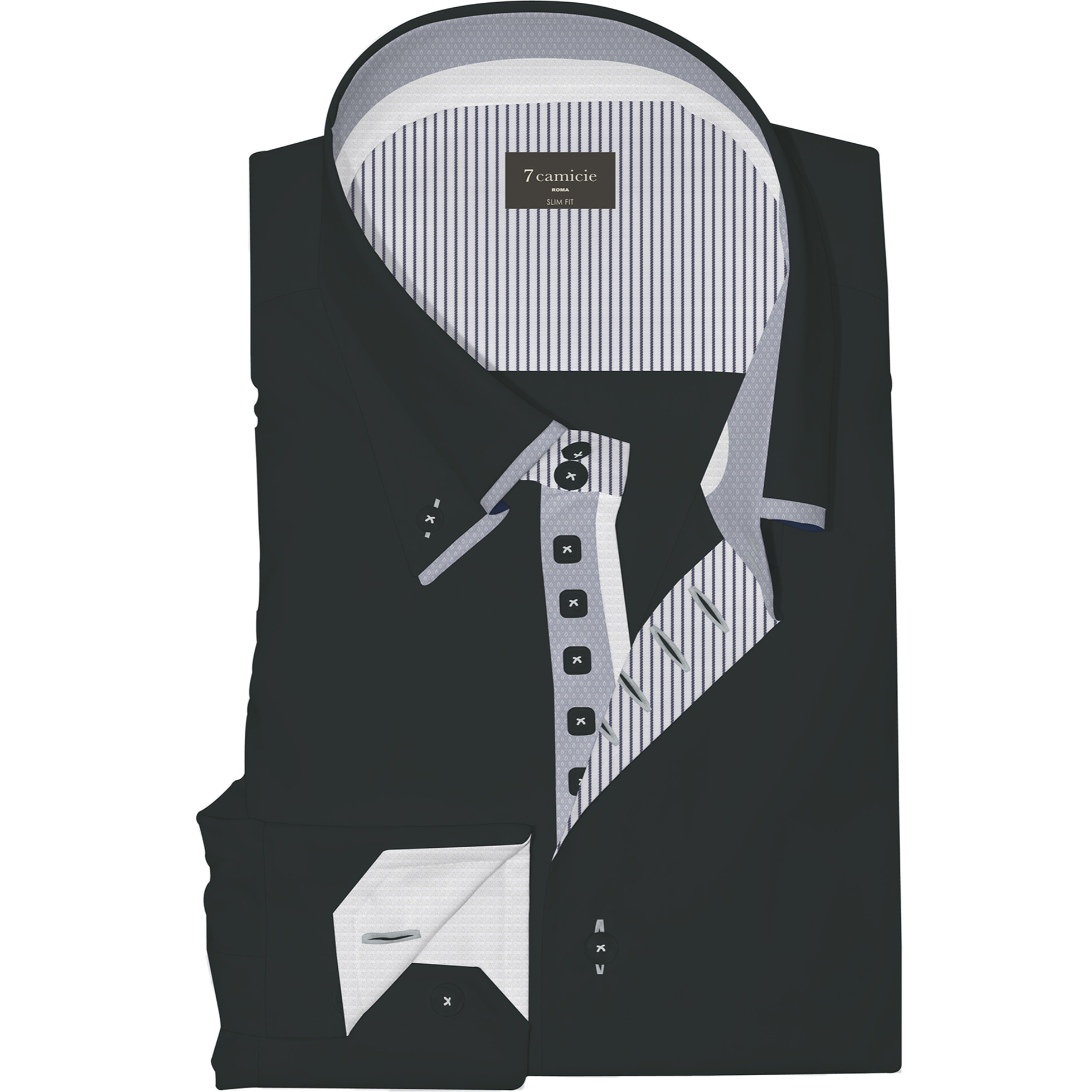 Camicia Uomo 2 Bottoni Button Down 7bottoni Doppio Coll Satin Unito Nero