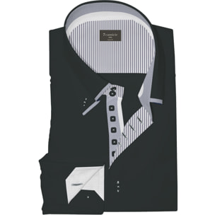 Camicia Uomo 2 Bottoni Button Down 7bottoni Doppio Coll Satin Unito Nero