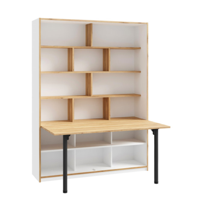 Etagère bureau rabattable 160cm 16 niches décors blanc & chêne - BROOM