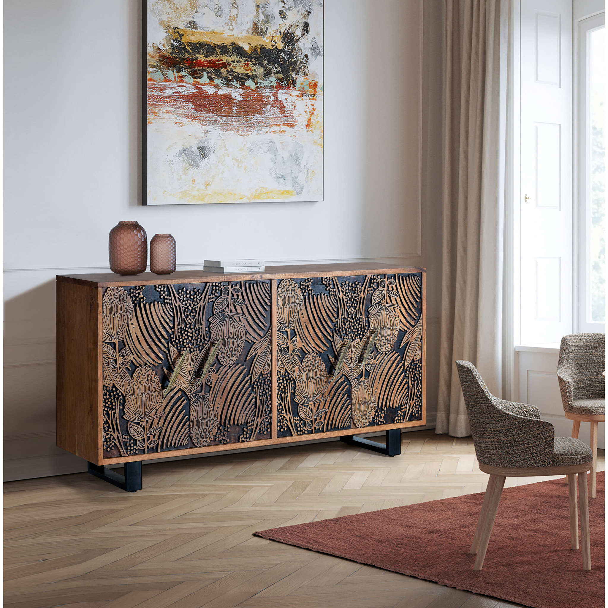 Aparador de 4 puertas - madera de acacia y metal - 190x42x94cm