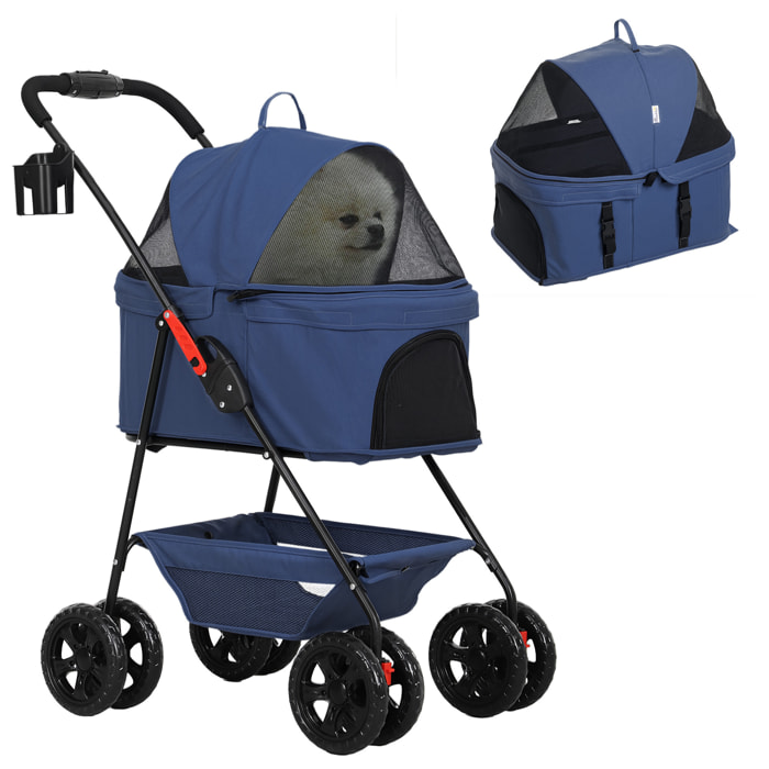 Carrito para Perros Plegable 3 en 1 Cochecito para Mascotas Carrito para Perros Miniatura con Cesta de Almacenaje Ventana de Malla Portavasos y 2 Ruedas Universales 76x50x102 cm Azul Oscuro