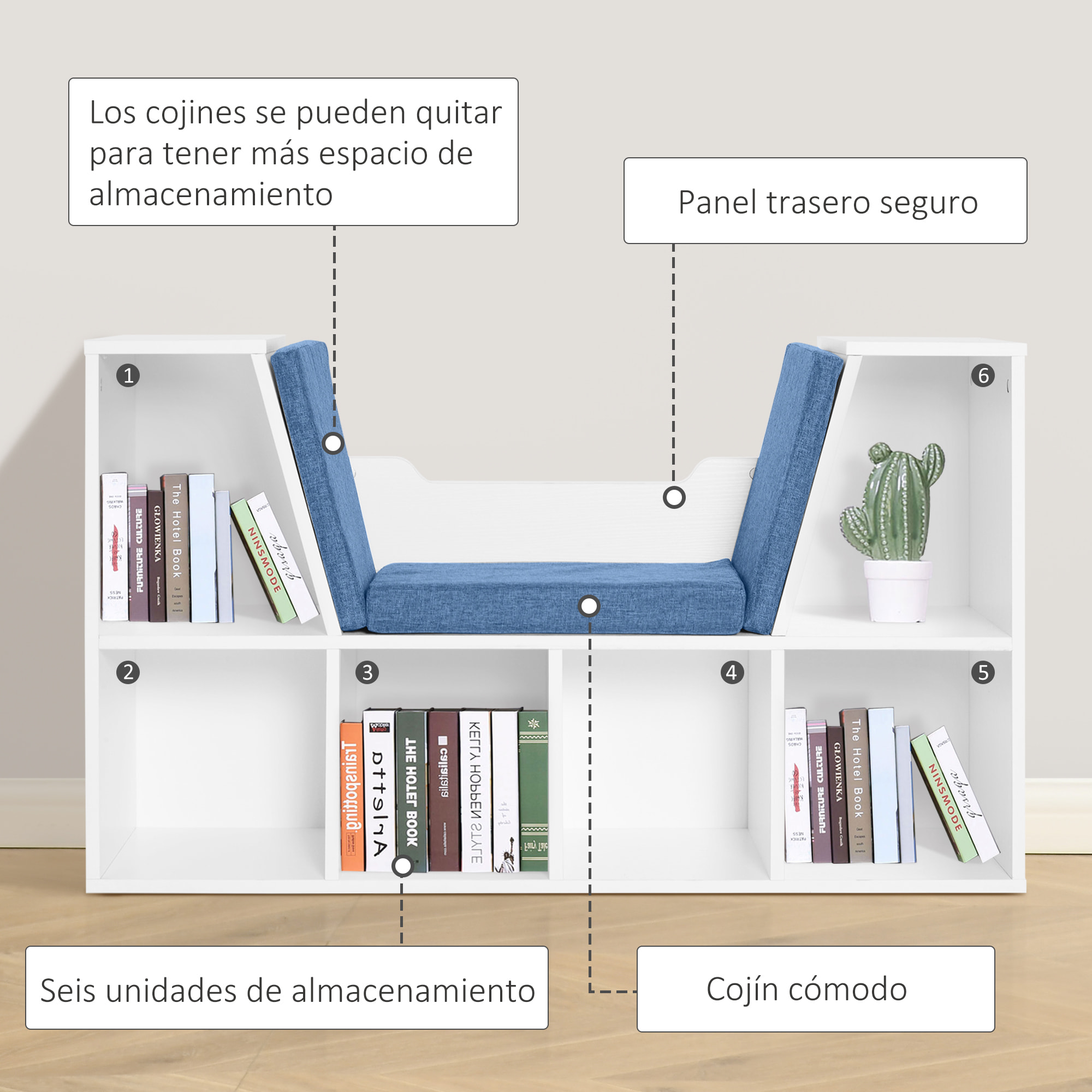 Librería con Asiento Estantería de Libros con 6 Cubos Zapatero con Banco con Cojín Multiusos para Sala de Estar Oficina Dormitorio 102x30x61cm Blanco y Azul