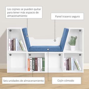 Librería con Asiento Estantería de Libros con 6 Cubos Zapatero con Banco con Cojín Multiusos para Sala de Estar Oficina Dormitorio 102x30x61cm Blanco y Azul