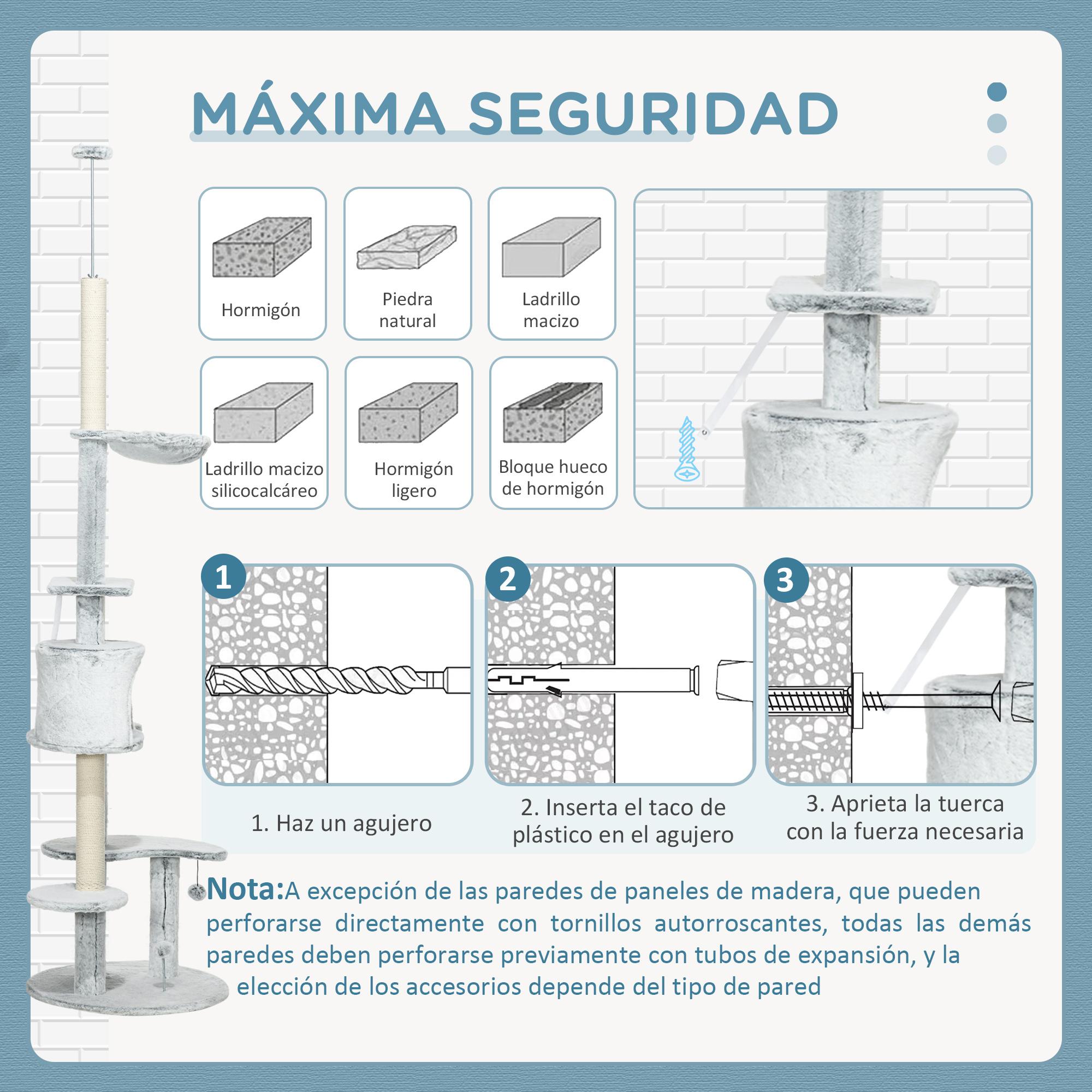 Árbol para Gatos de Suelo a Techo de 225-255 cm Torre para Gatos Ajustable en Altura con Cueva Plataformas Hamaca Postes Rascadores y Bolas Colgantes Ø60x225-255 cm Gris