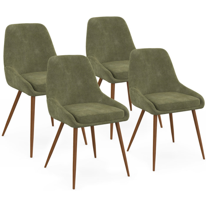 Chaises Olivia velours chenille vert pieds métal effet noyer - lot de 4