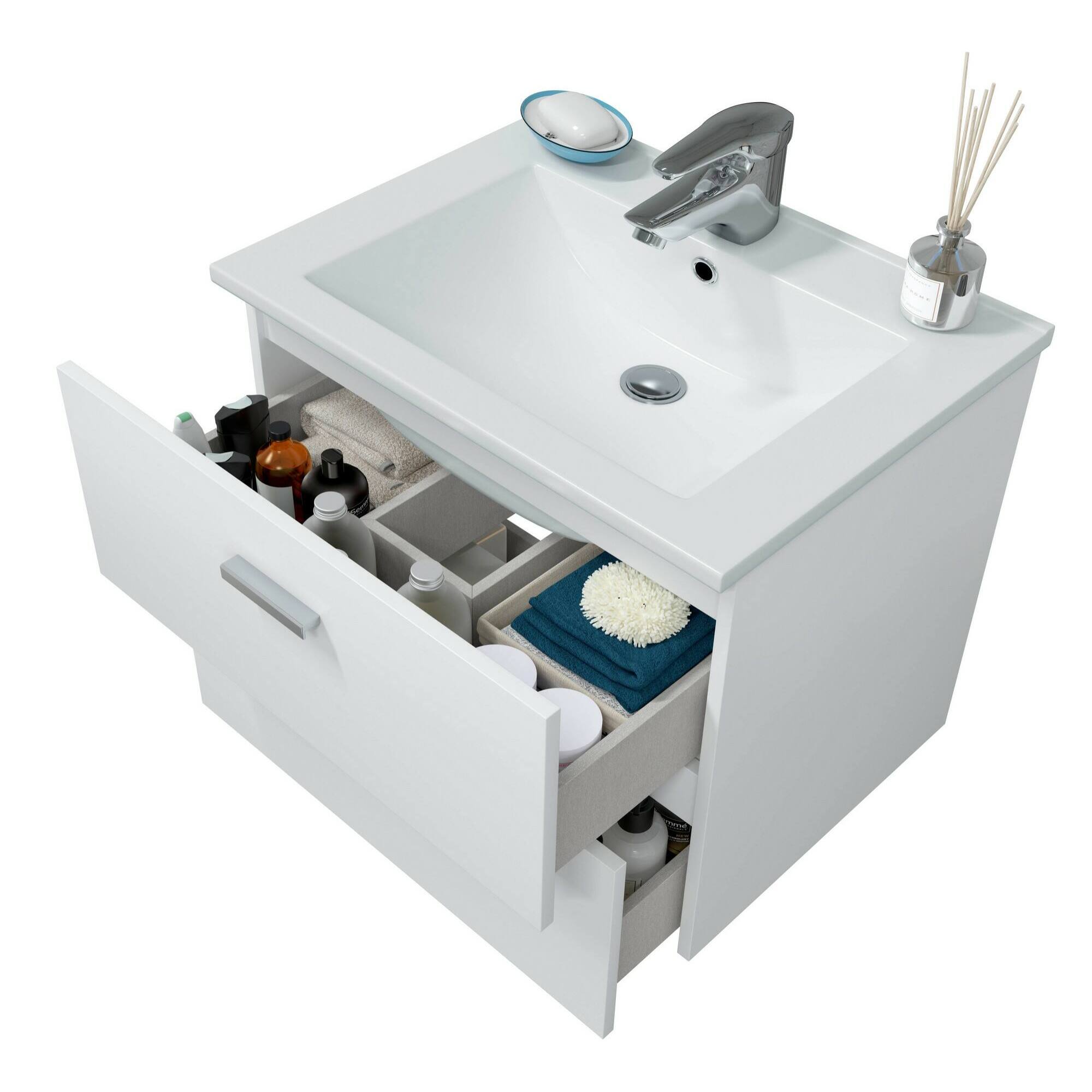 Mobile sottolavabo Doksuri, Mobiletto da bagno, Contenitore porta lavabo, Armadio per lavandino, 60x45 h50 cm, Bianco lucido