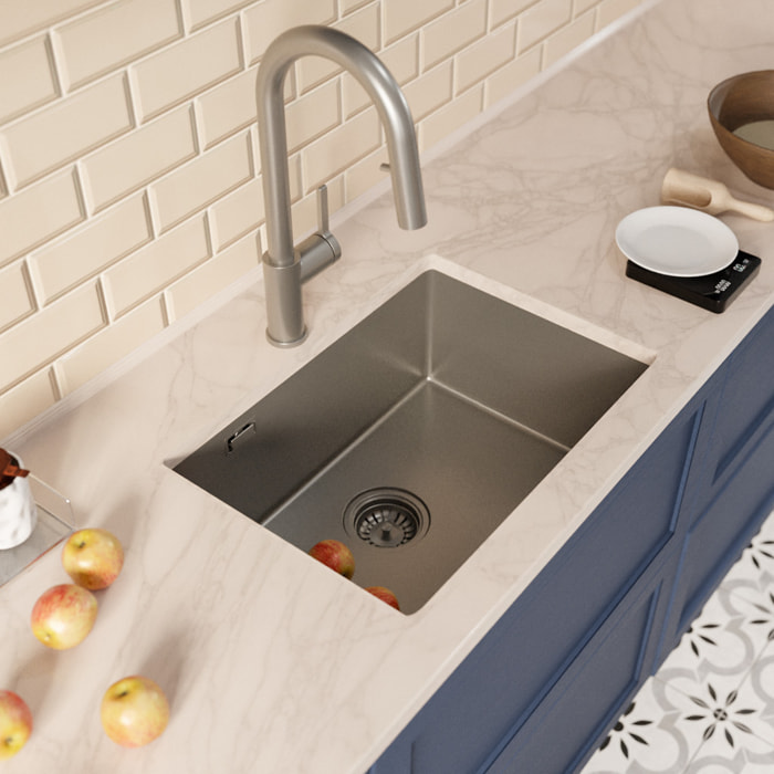 Timeless 55x45x21 cm évier sous plan inox 304 + mitigeur inox avec douchette extractible, gun metal brossé (TMLKSU-5545BGM-M2)