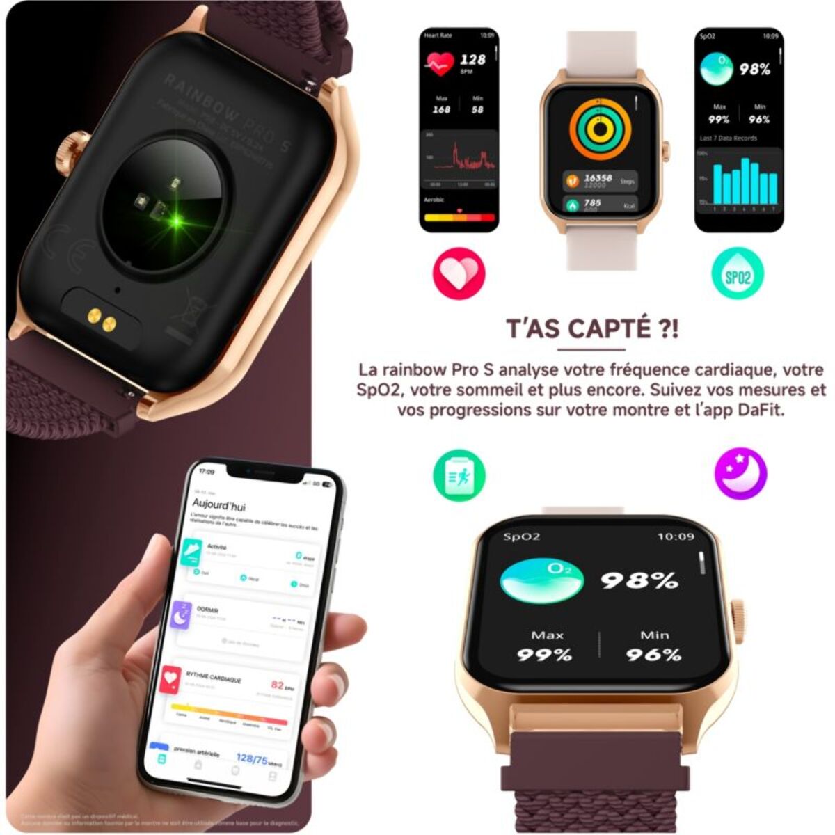 Montre connectée ECHO Rainbow ProS OrRose Silicone+BordeauNylo