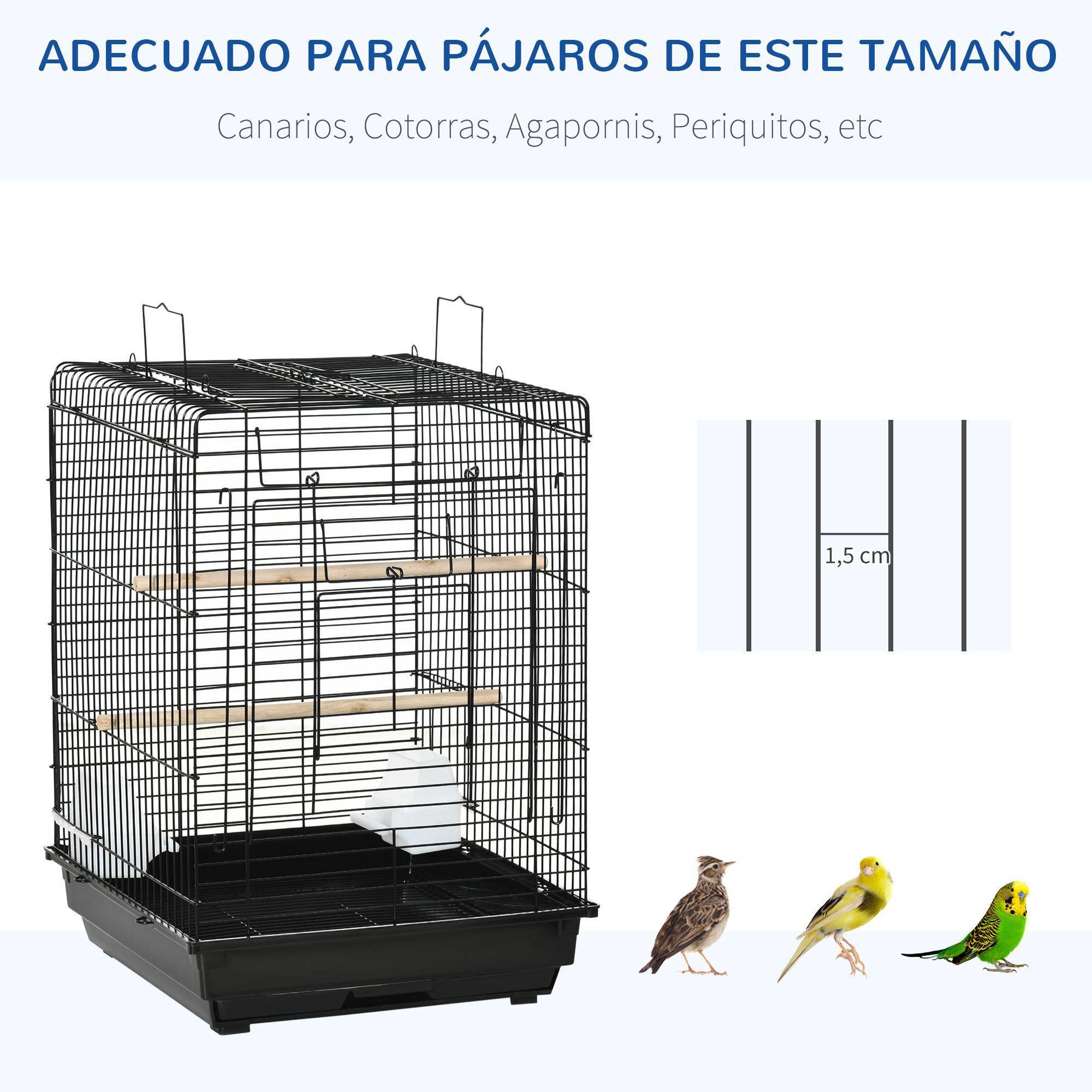 Jaula para Pájaros Jaula Metálica de Aves 40x40x59 cm con Techo Abatible 2 Perchas 2 Comederos y Bandeja Extraíble para Canarios Periquitos Negro