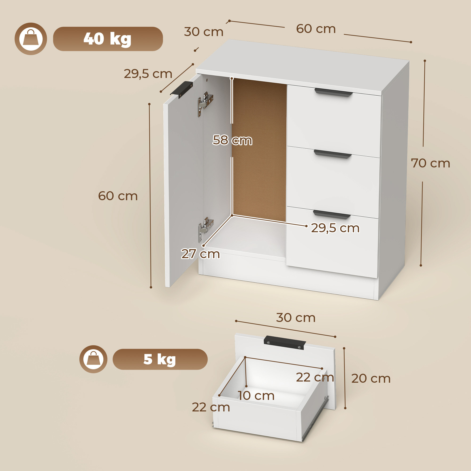 HOMCOM Aparador, Aparador de Salón Estrecho con 3 Cajones y Puerta de Cierre Suave, Armario de Cocina de Almacenaje Moderno, para Entrada, Comedor, 60x30x70 cm, Blanco